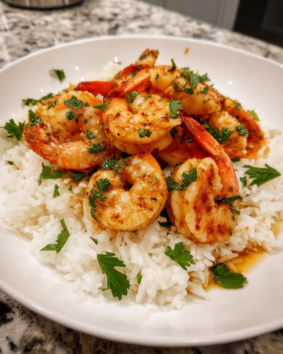 Grilled shrimp seasoned with herbs served over white rice in a white bowl for quick shrimp dinner recipes