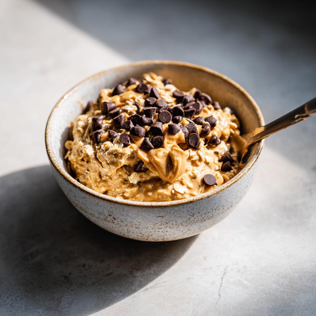Bowl of quick sweet snack recipes with peanut butter, oats, and chocolate chips