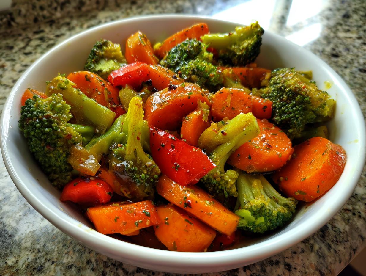 Bowl of quick vegetable side dishes with broccoli, carrots, and red bell peppers seasoned and cooked.