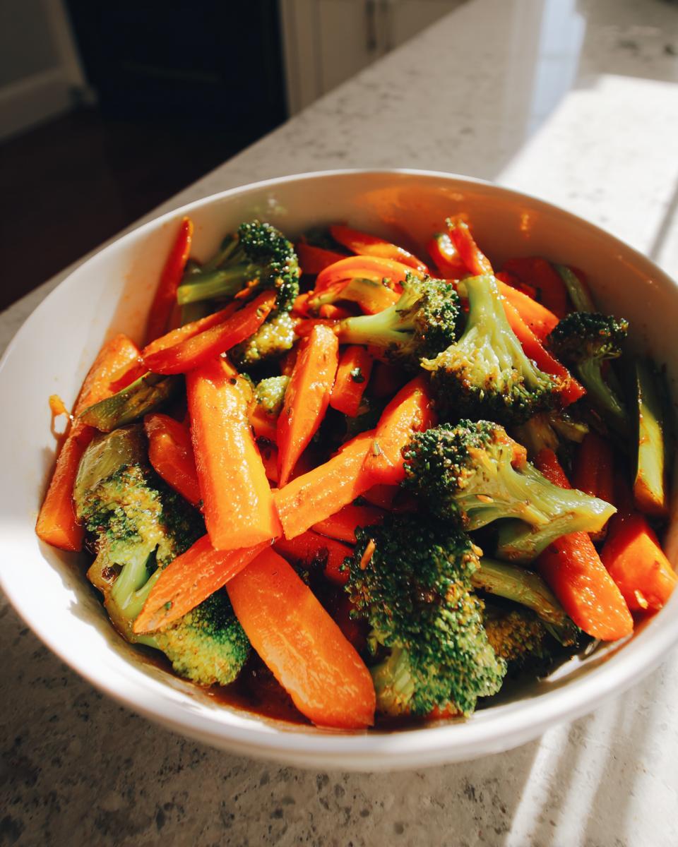 Bowl of quick vegetable side dishes featuring cooked broccoli and carrots in natural light.