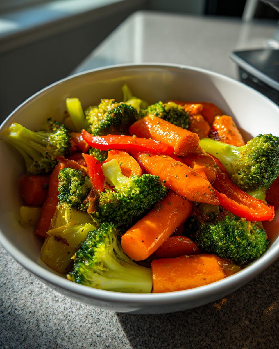 Bowl of quick vegetable side dishes with broccoli, carrots, and red bell peppers.