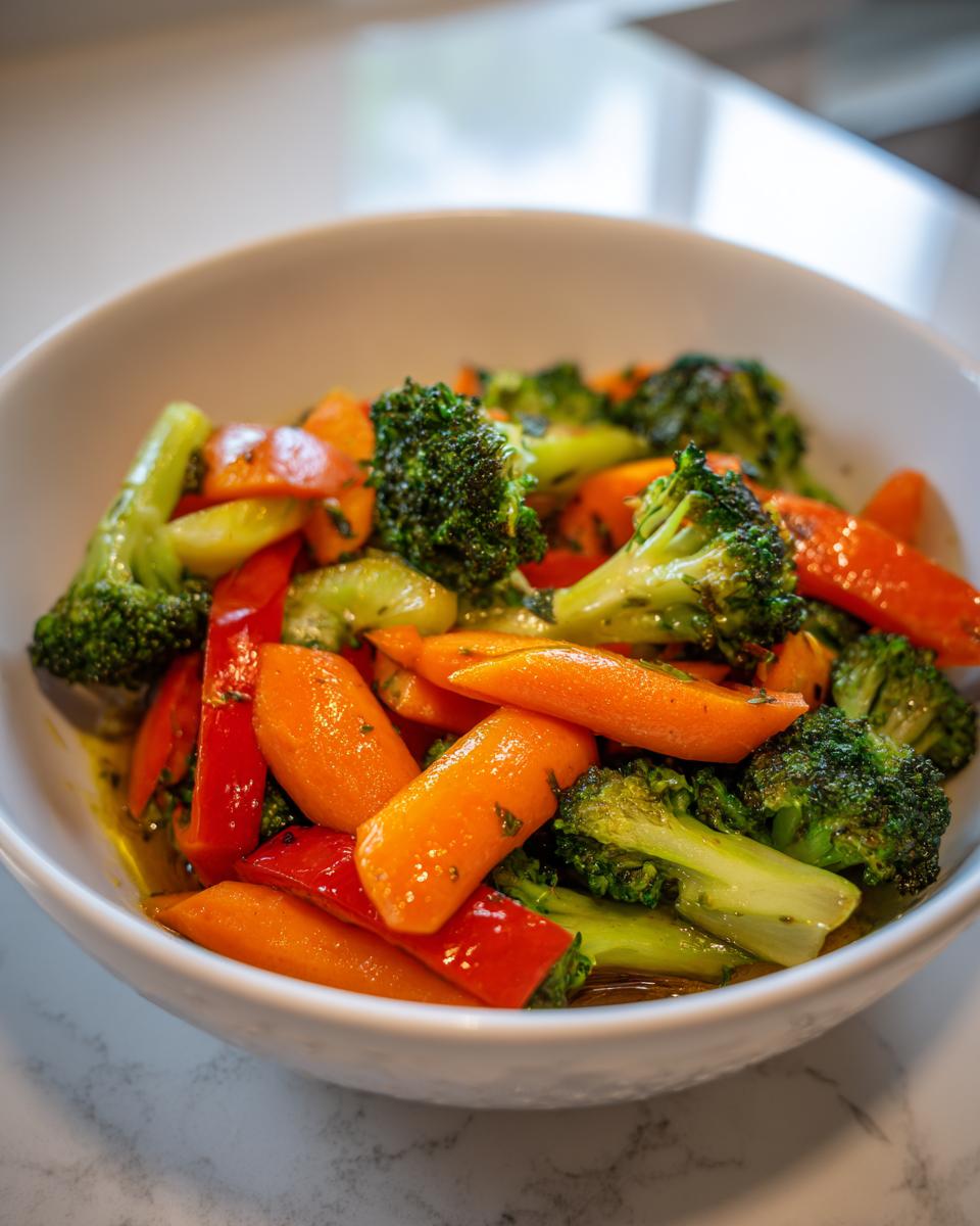 Bowl of quick vegetable side dishes with broccoli, carrots, and red bell peppers.