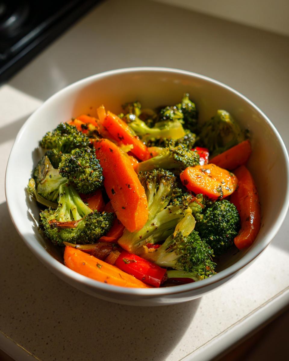Bowl of quick vegetable side dishes featuring sautéed broccoli and carrots with herbs.