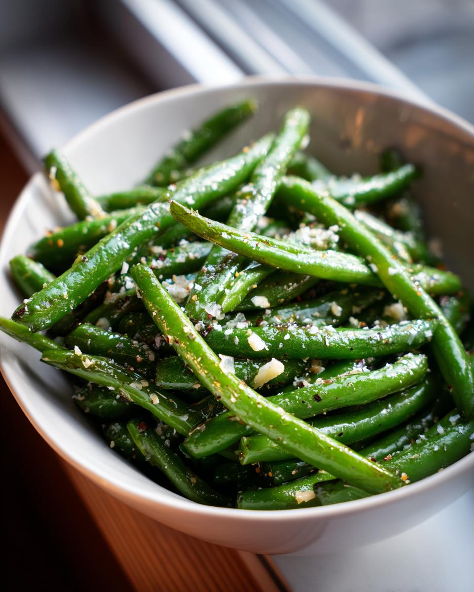 Bowl of quick vegetable sides featuring green beans with garlic and parmesan seasoning.