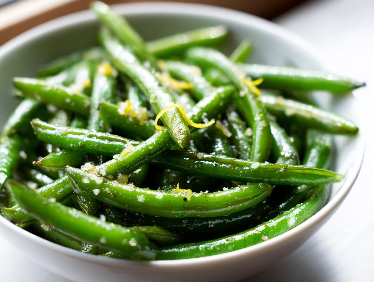 Bowl of quick vegetable sides with sautéed green beans garnished with garlic and lemon zest.