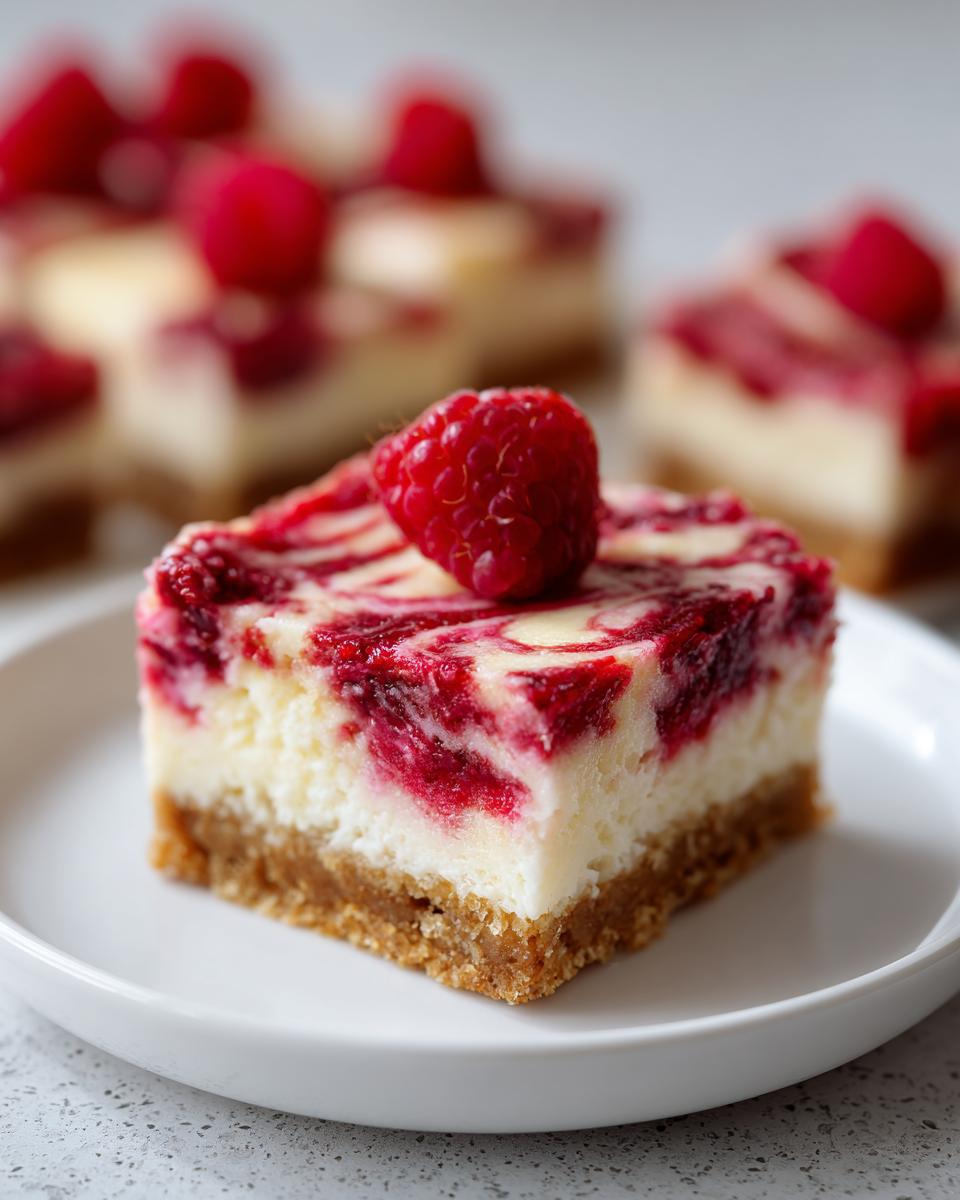 A square raspberry cheesecake swirl bars topped with a fresh raspberry on a white plate.