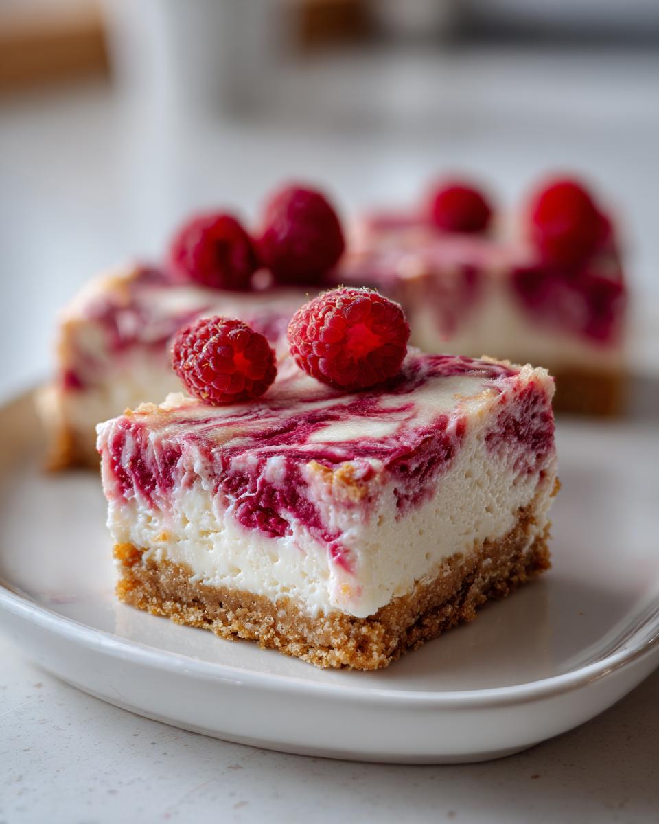 Raspberry cheesecake swirl bars topped with fresh raspberries on a white plate