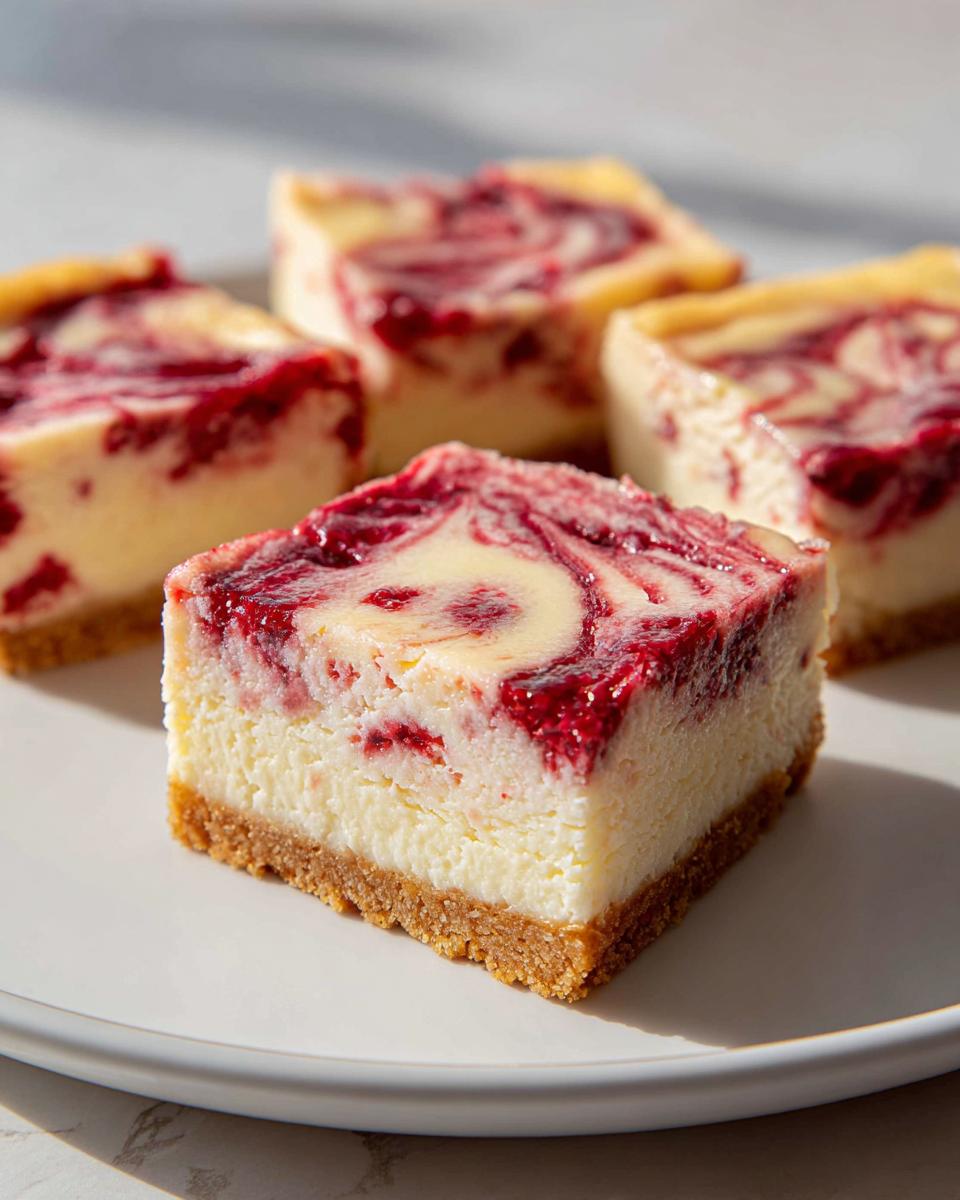 Four raspberry cheesecake swirl bars on a white plate with a golden crust and red swirls