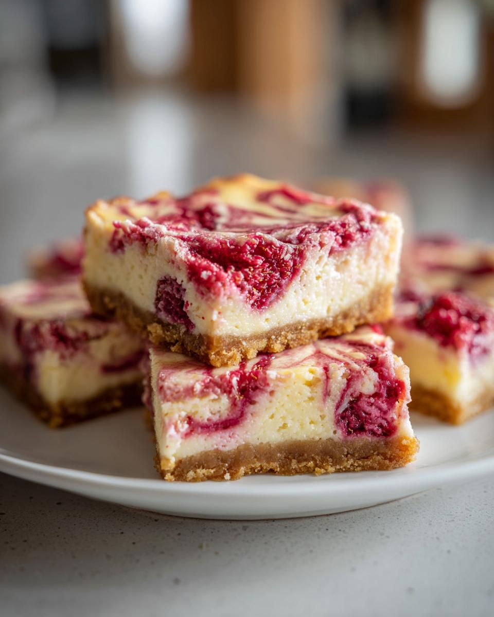 Close-up of raspberry cheesecake swirl bars with a graham cracker crust on a white plate.