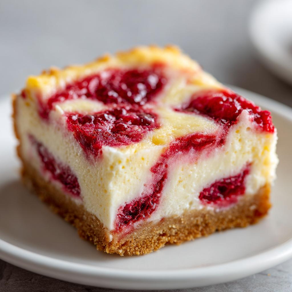 A slice of raspberry cheesecake swirl bars with creamy filling and graham cracker crust on a white plate.