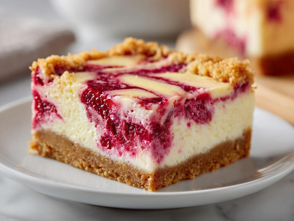 Slice of raspberry cheesecake swirl bars with crumb crust on white plate.