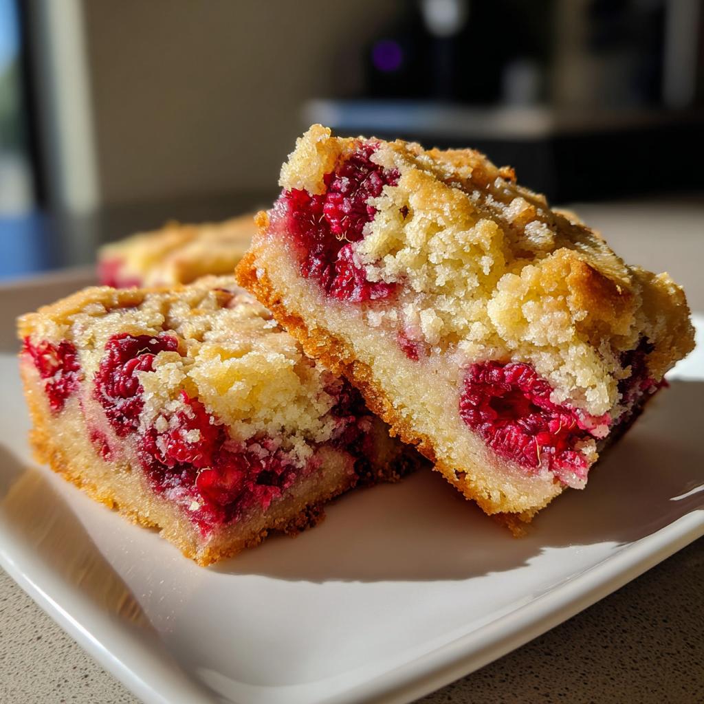 Two pieces of raspberry lemon blondies with crumbly topping on a white plate.