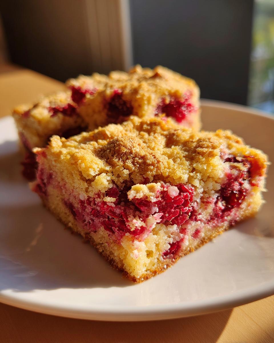 Two pieces of raspberry lemon blondies with crumbly topping on a white plate.