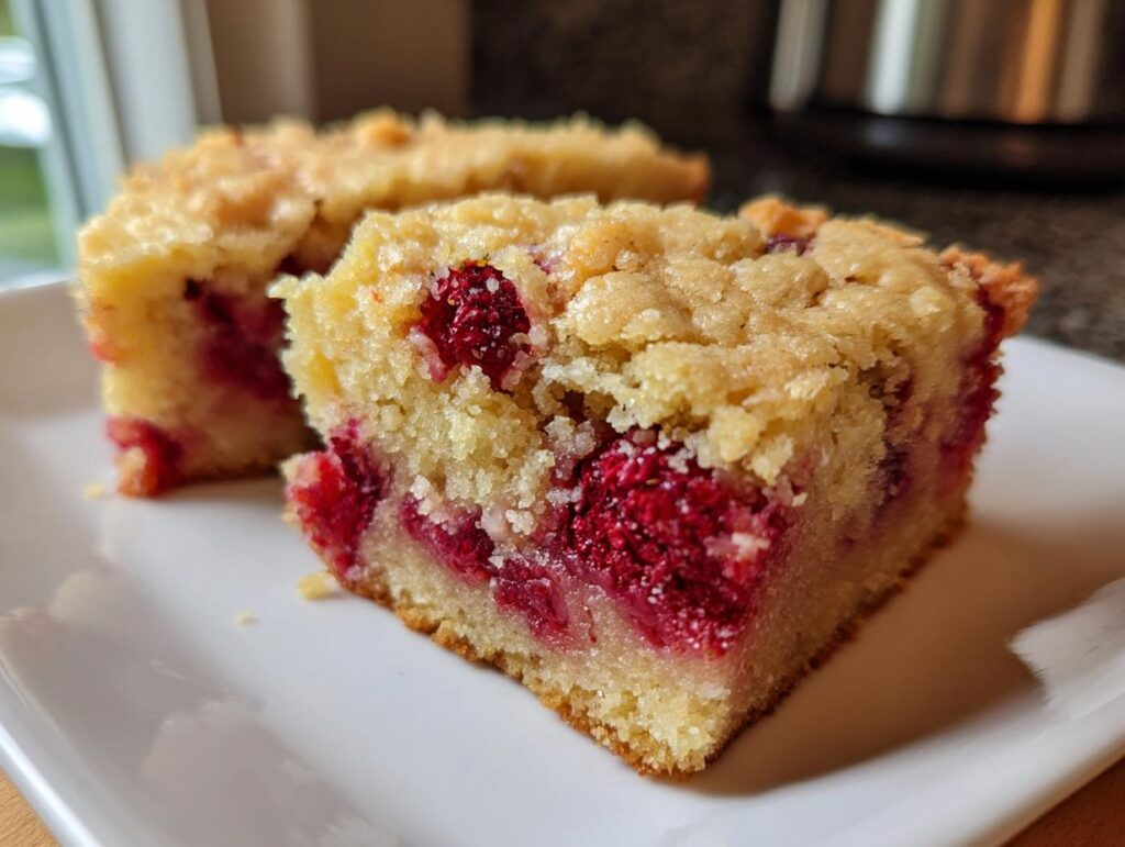 Two pieces of raspberry lemon blondies showing moist texture and fresh raspberries inside.