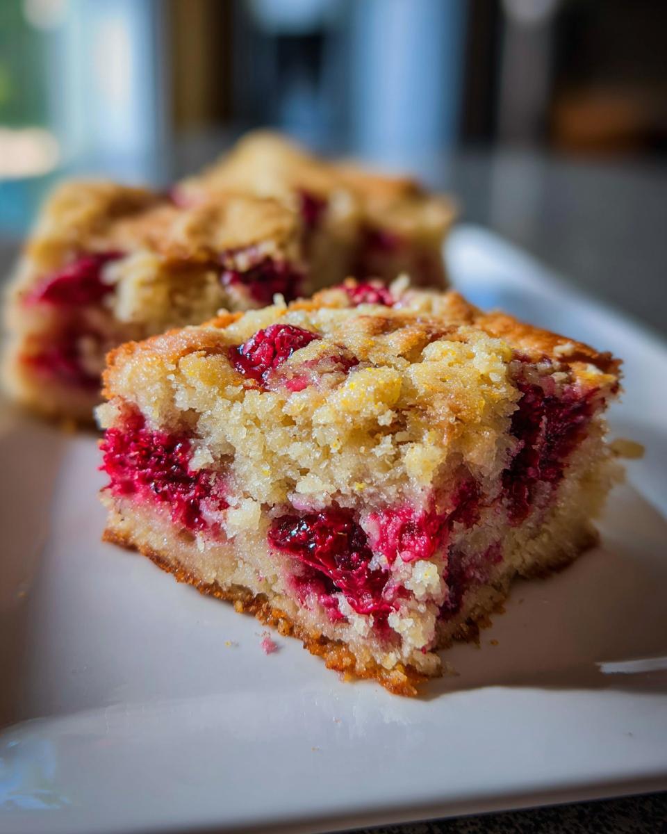 Two pieces of raspberry lemon blondies with visible raspberries on a white plate.