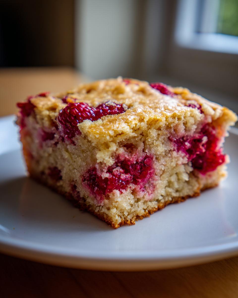 A close-up slice of raspberry lemon blondies showing moist texture and fresh raspberries.