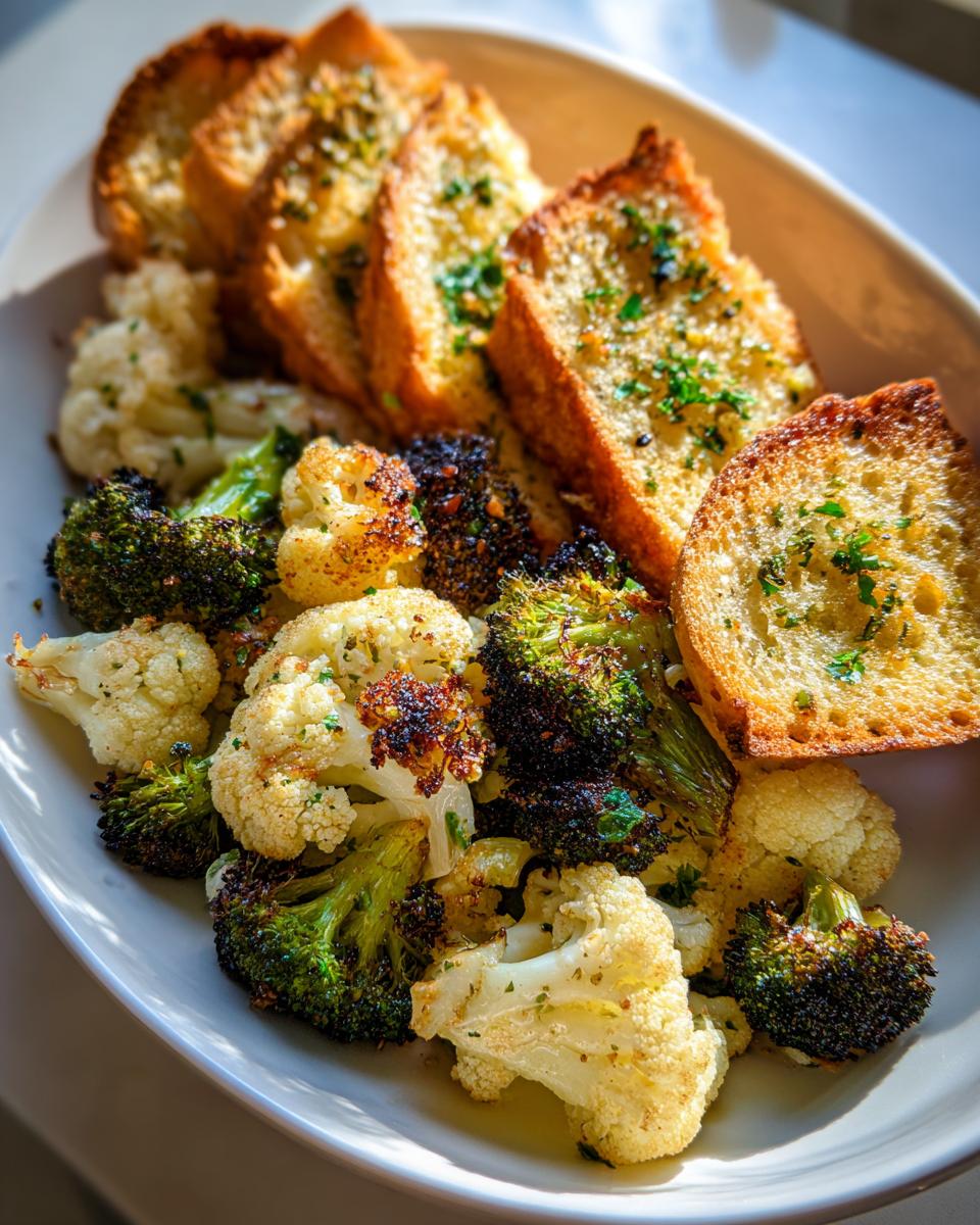 Plate of roasted broccoli and cauliflower with slices of garlic bread garnished with herbs.