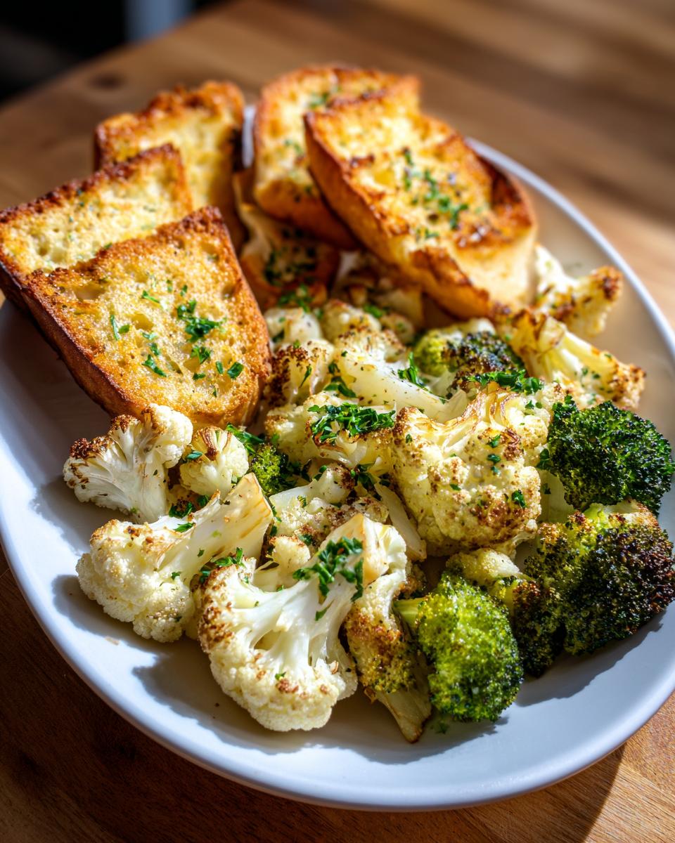 Plate of roasted broccoli and cauliflower with garlic bread, garnished with herbs, a simple party side dishes option.
