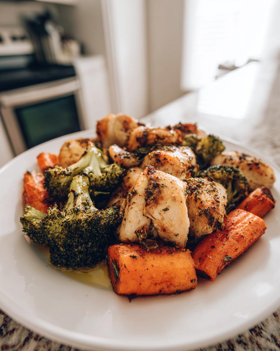 Plate of roasted chicken, broccoli, and carrots seasoned and cooked, perfect for simple meal prep recipes.