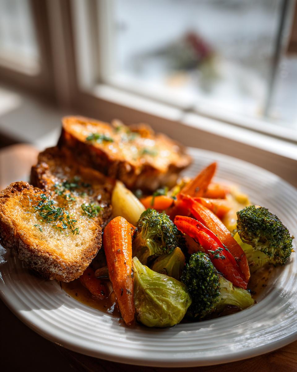 Plate of roasted carrots, broccoli, Brussels sprouts with garlic bread, an easy dinner side dishes option.