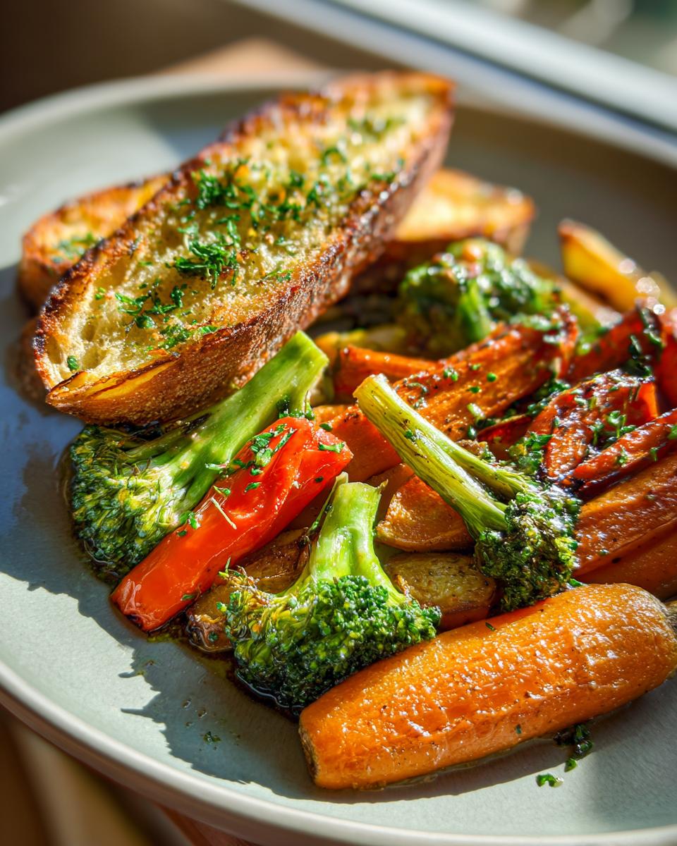 Plate with roasted carrots, broccoli, red peppers, and garlic bread garnished with herbs, an easy dinner side dishes option.