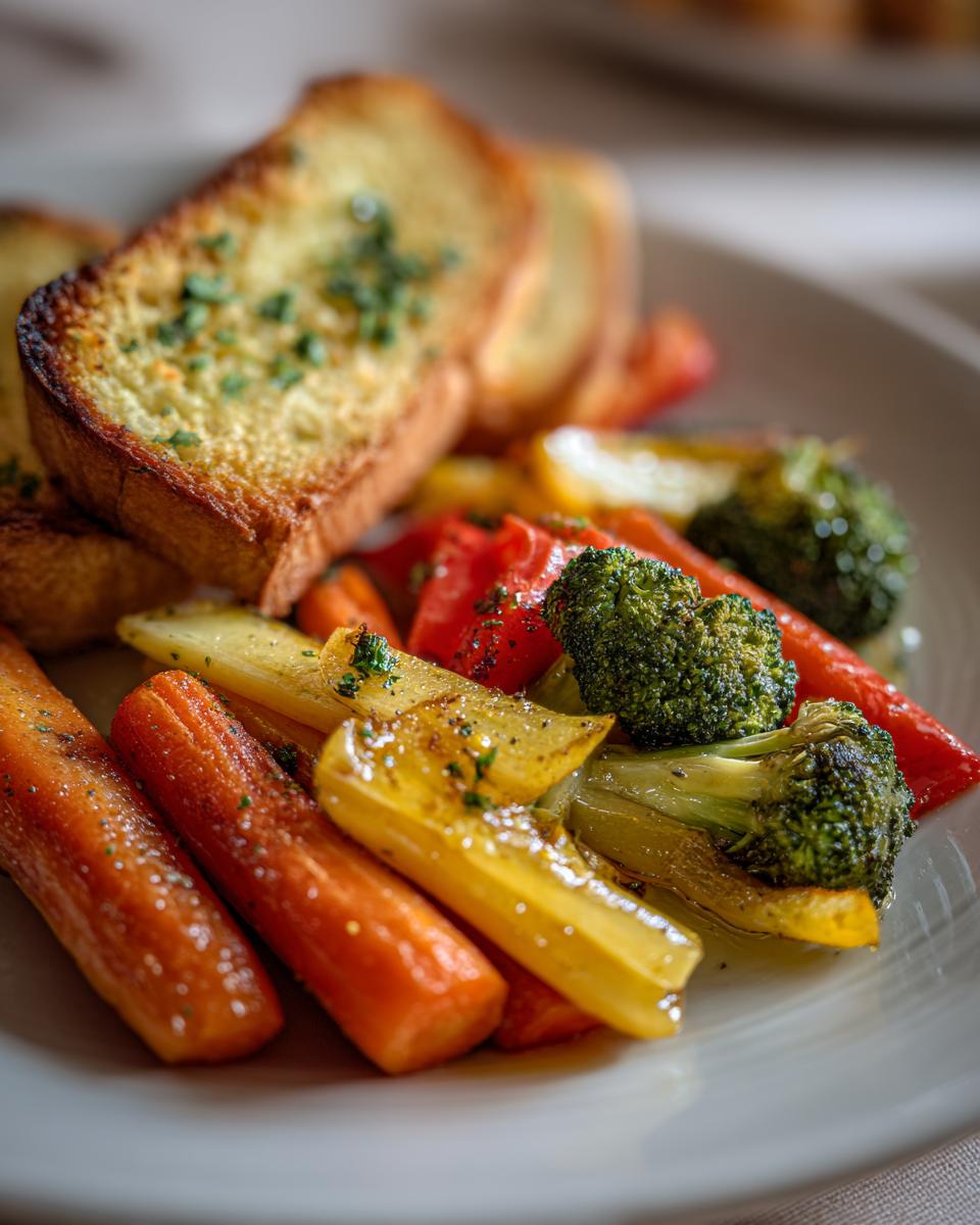 Plate with roasted carrots, broccoli, bell peppers, and garlic bread as easy dinner side dishes