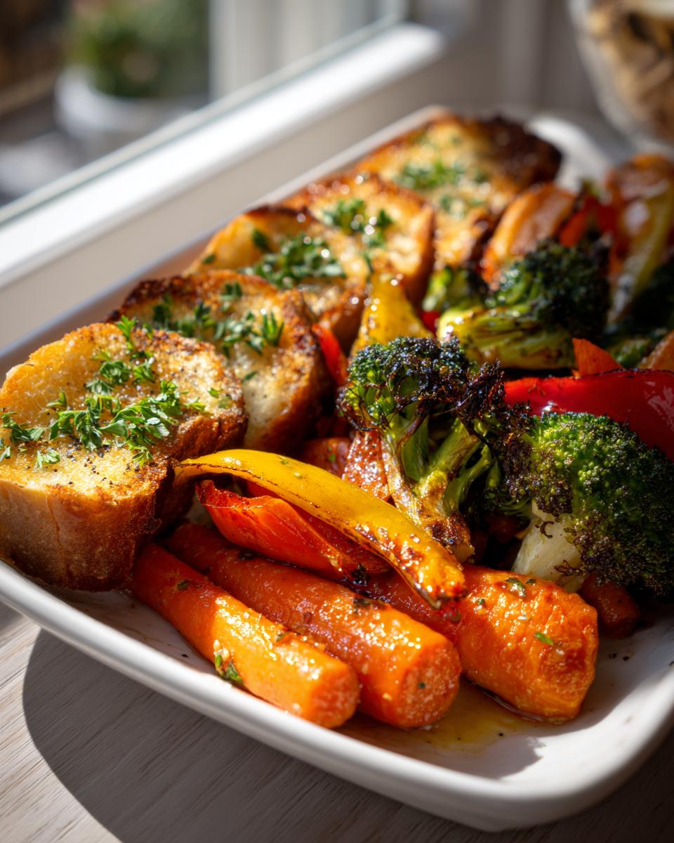 Plate of roasted carrots, broccoli, bell peppers, and garlic bread garnished with herbs as easy dinner side dishes