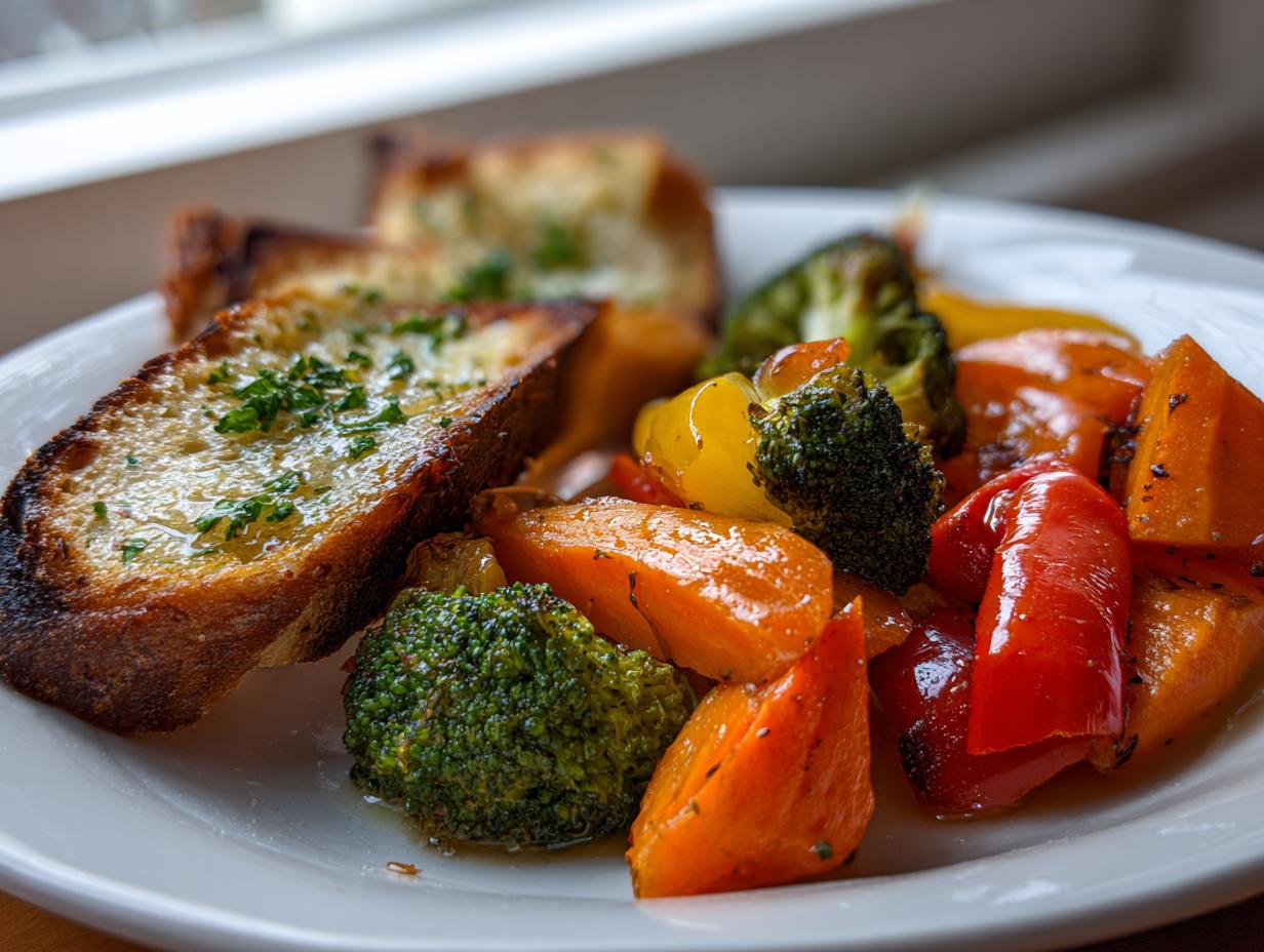 Plate with roasted broccoli, carrots, bell peppers, and garlic bread as easy dinner side dishes