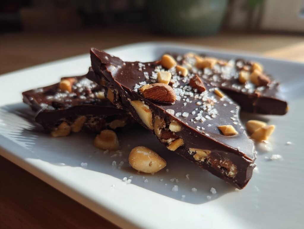 Pieces of salted nut dessert bark with nuts and sea salt on a white plate.
