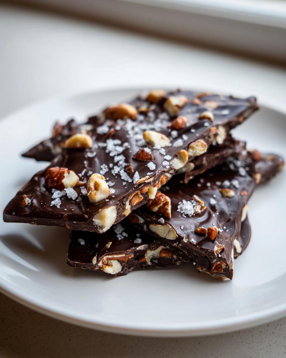 Pieces of salted nut dessert bark with nuts and sea salt on a white plate.