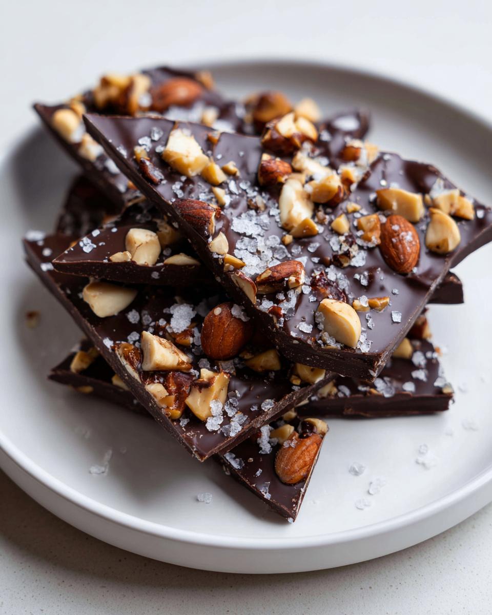 Pieces of salted nut dessert bark with almonds and sea salt on a white plate.