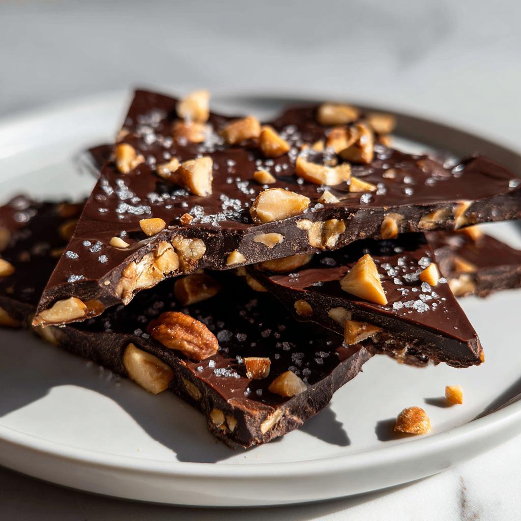 Pieces of salted nut dessert bark with chopped nuts and sea salt on a white plate