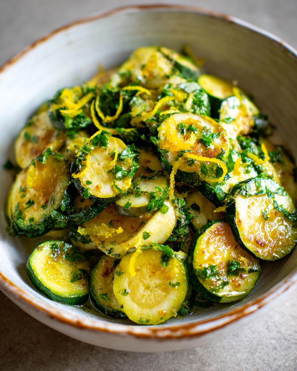 Bowl of sautéed zucchini slices garnished with fresh herbs and lemon zest for spring zucchini recipes