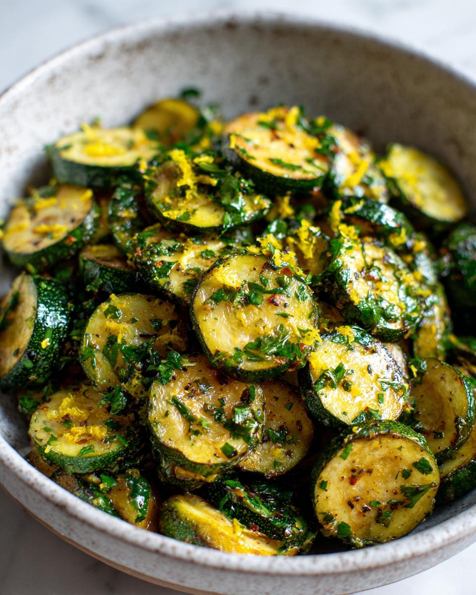 Bowl of sautéed zucchini slices garnished with fresh herbs and lemon zest in spring zucchini recipes