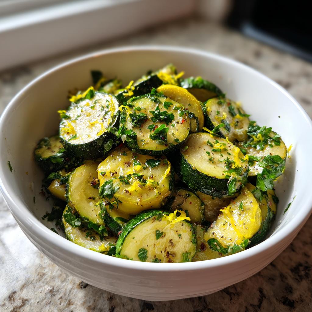 Bowl of sautéed zucchini slices garnished with fresh herbs and lemon zest, a spring zucchini recipes dish.