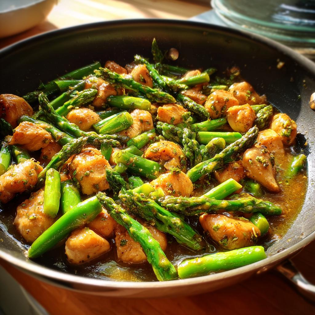 Sautéed chicken pieces and fresh asparagus in a pan with herbs and sauce for seasonal spring comfort meals