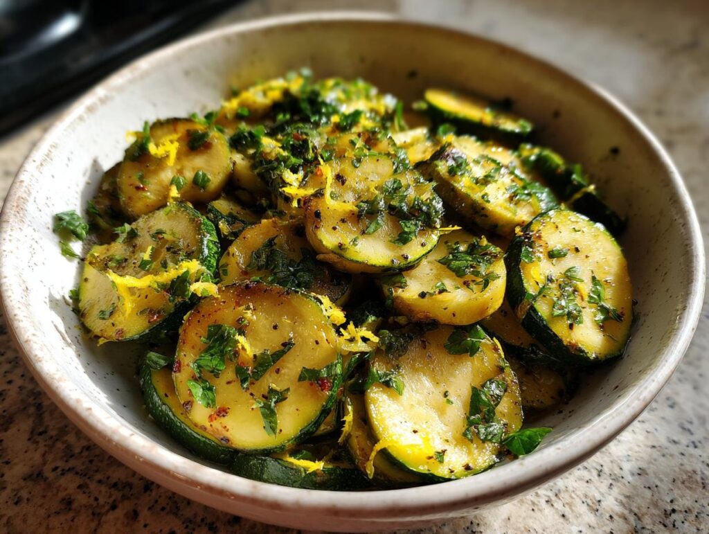 Bowl of sautéed zucchini slices garnished with fresh herbs and lemon zest, a spring zucchini recipes dish.