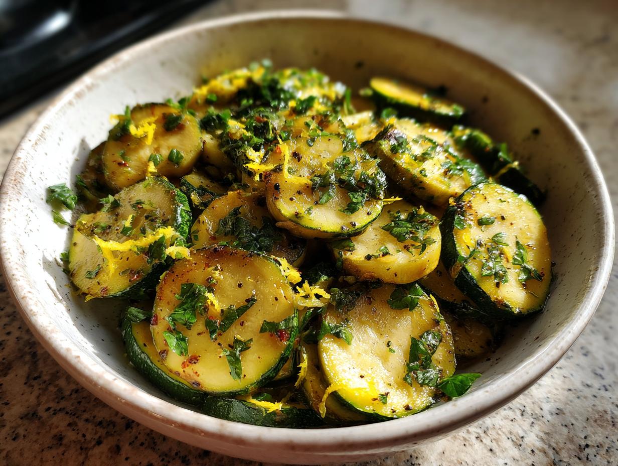 Bowl of sautéed zucchini slices garnished with fresh herbs and lemon zest, a spring zucchini recipes dish.