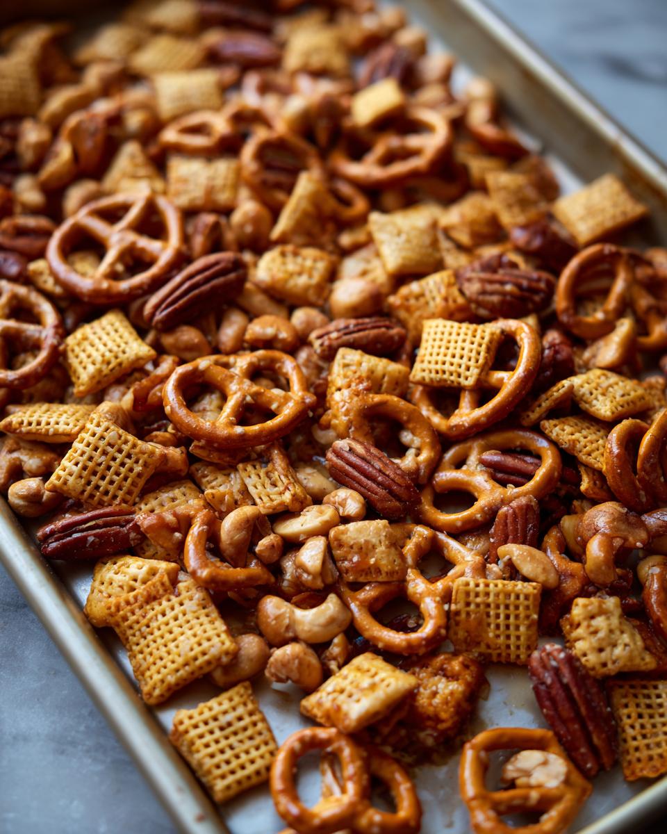 Close-up of a savory snack mix with pretzels, nuts, and cereal on a baking sheet homemade party snack recipes