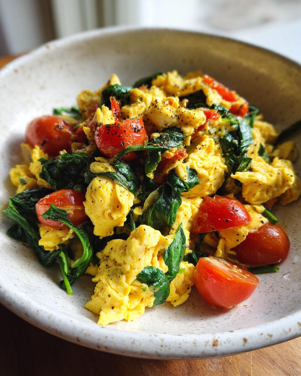 Scrambled eggs with spinach and cherry tomatoes in a bowl, a healthy egg breakfast recipes option