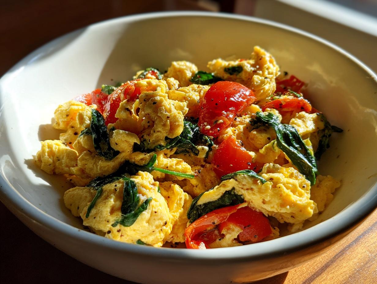 Scrambled eggs mixed with spinach and tomatoes in a white bowl for healthy egg breakfast recipes
