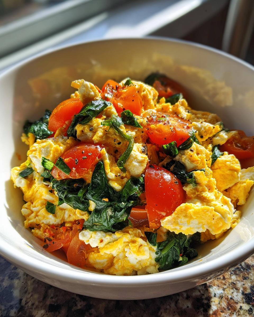 Bowl of scrambled eggs mixed with fresh spinach and chopped tomatoes for a healthy egg breakfast recipe