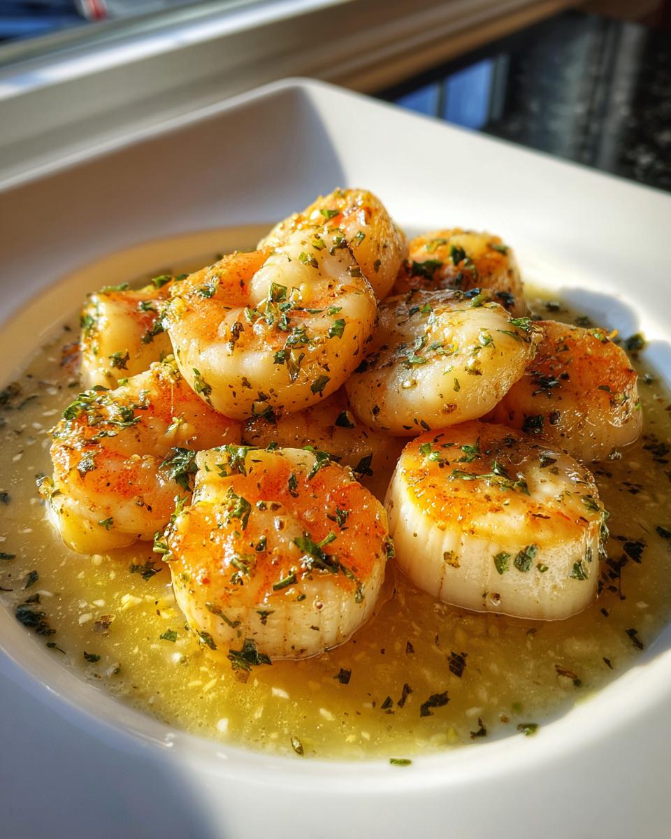 Seared scallops garnished with herbs in a buttery sauce on a white plate, an easy seafood dinner recipes dish.
