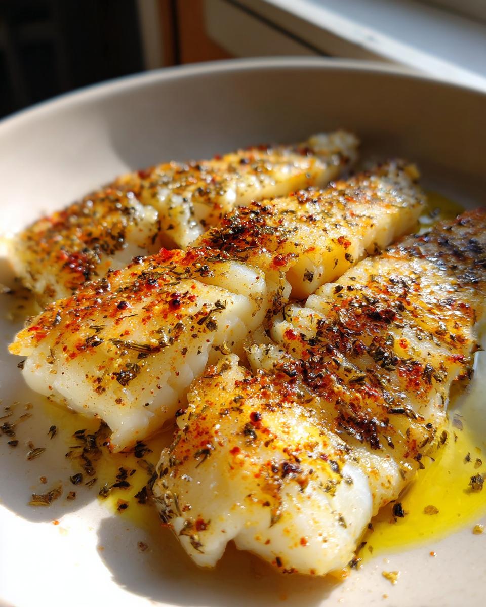Close-up of seasoned baked fish fillets with herbs and spices in a dish, showcasing simple baked fish recipes.