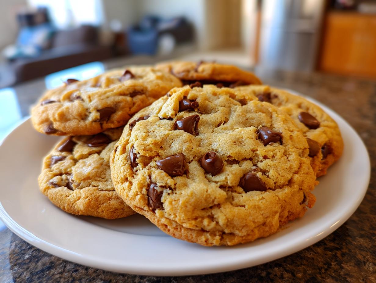 Close-up of freshly baked chocolate chip cookies on a white plate, showcasing simple baked cookie recipes.