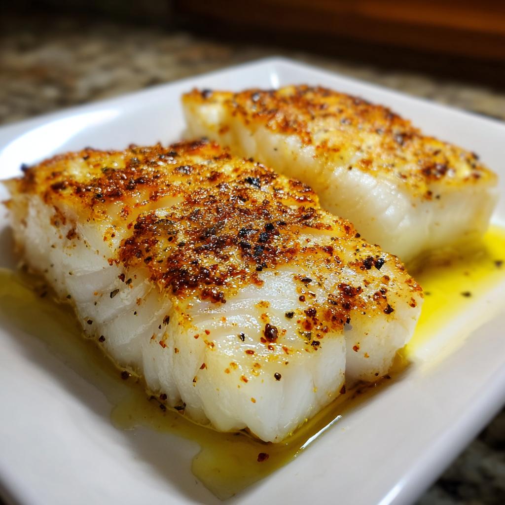 Two seasoned and baked fish fillets with golden crust on a white plate with oil.