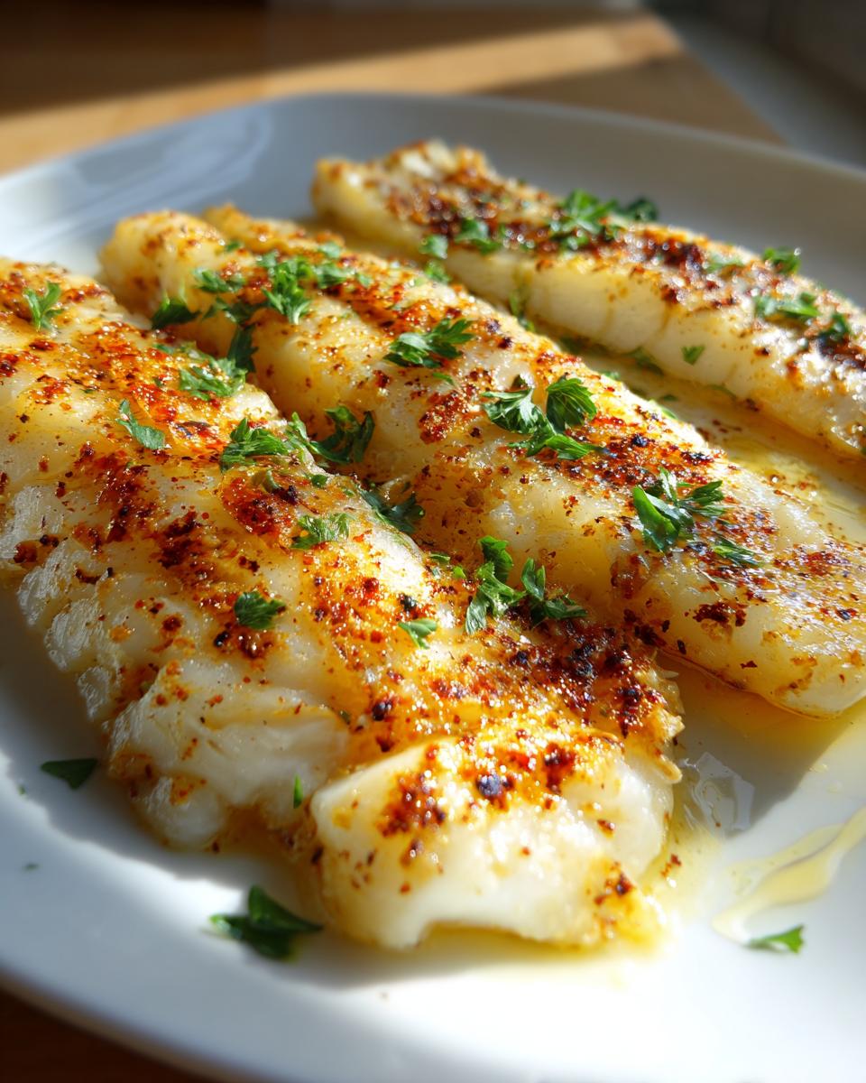 Three simple baked fish fillets garnished with fresh herbs and spices on a white plate.
