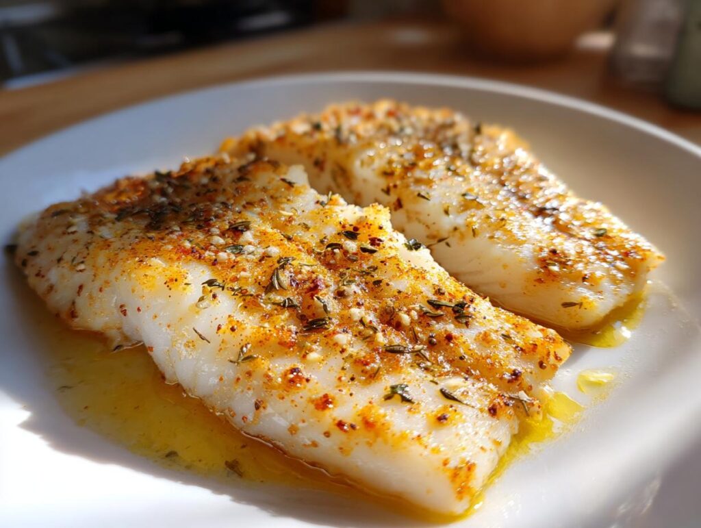 Two seasoned simple baked fish fillets on a white plate with herbs and oil.