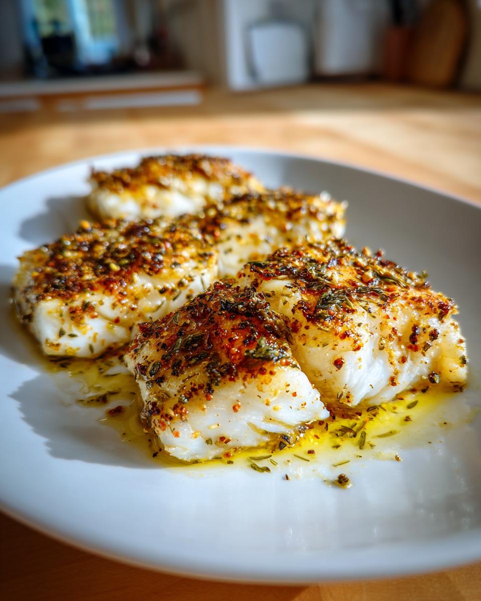 Close-up of simple baked fish recipe with herbs and spices on a white plate.