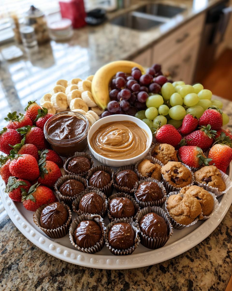 Dessert platter with strawberries, grapes, banana slices, chocolate treats, cookies, and dips.